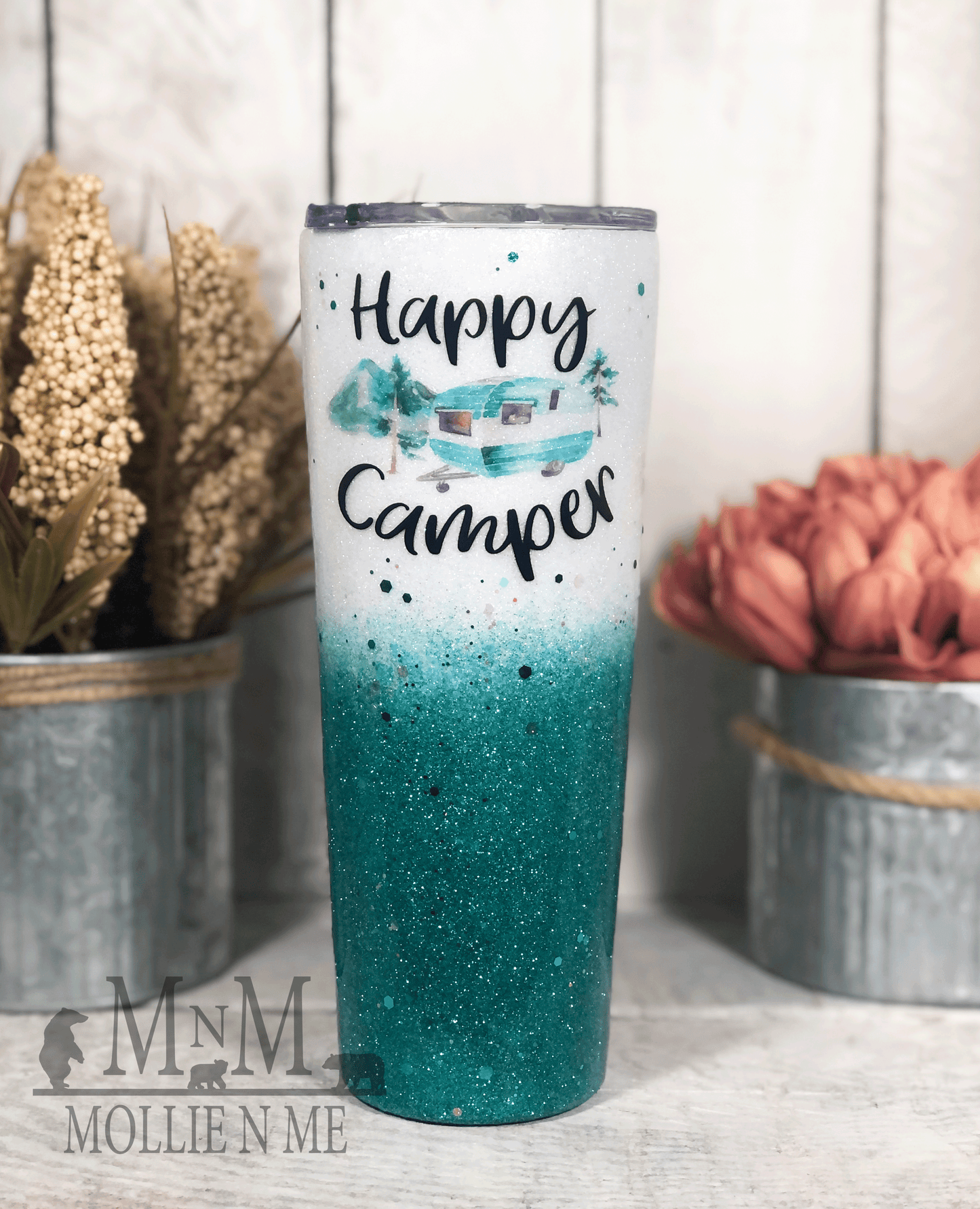 Happy Camper Personalized Custom Glitter Tumbler