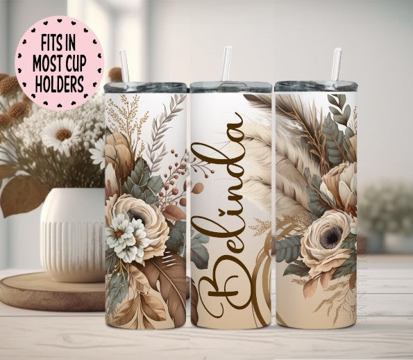 Personalized Boho Beige Floral Tumbler