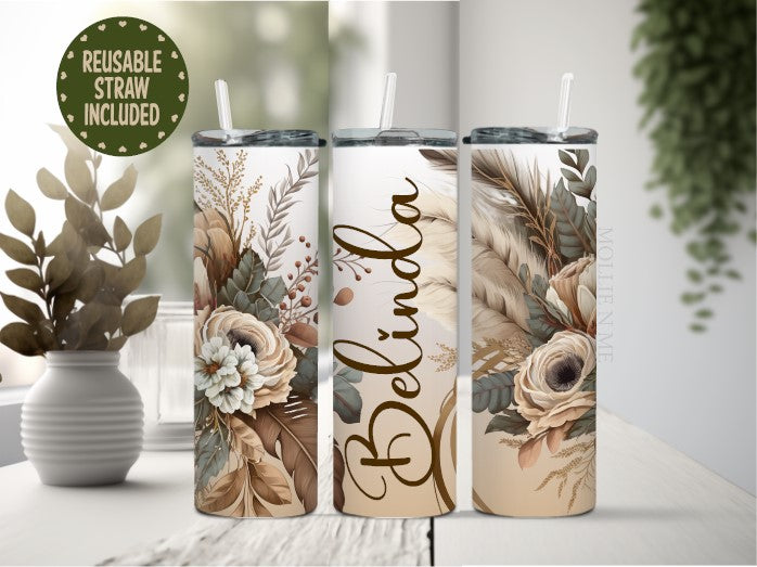 Personalized Boho Beige Floral Tumbler