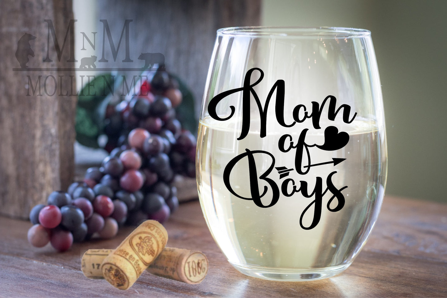 Mom of Boys Stemless Wine Glass