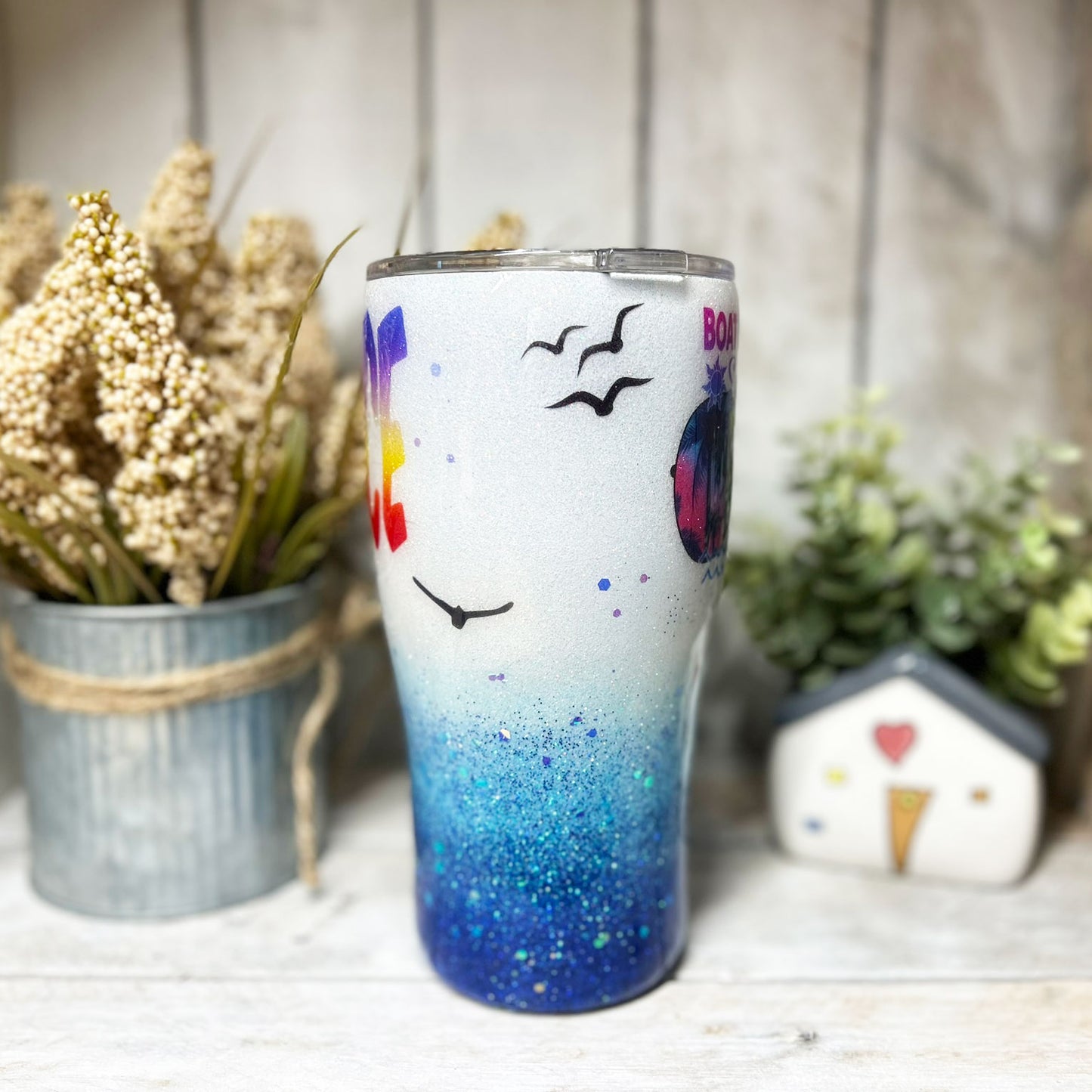 Boat Waves Sun Rays Glitter Tumbler