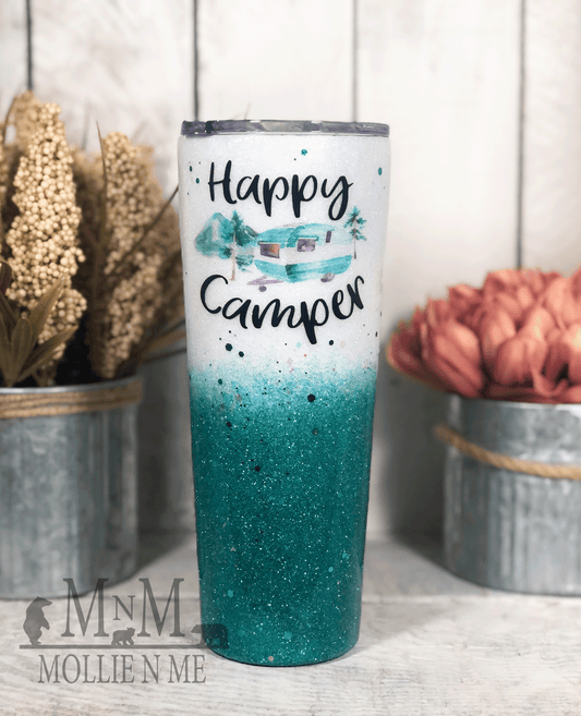 Happy Camper Personalized Custom Glitter Tumbler