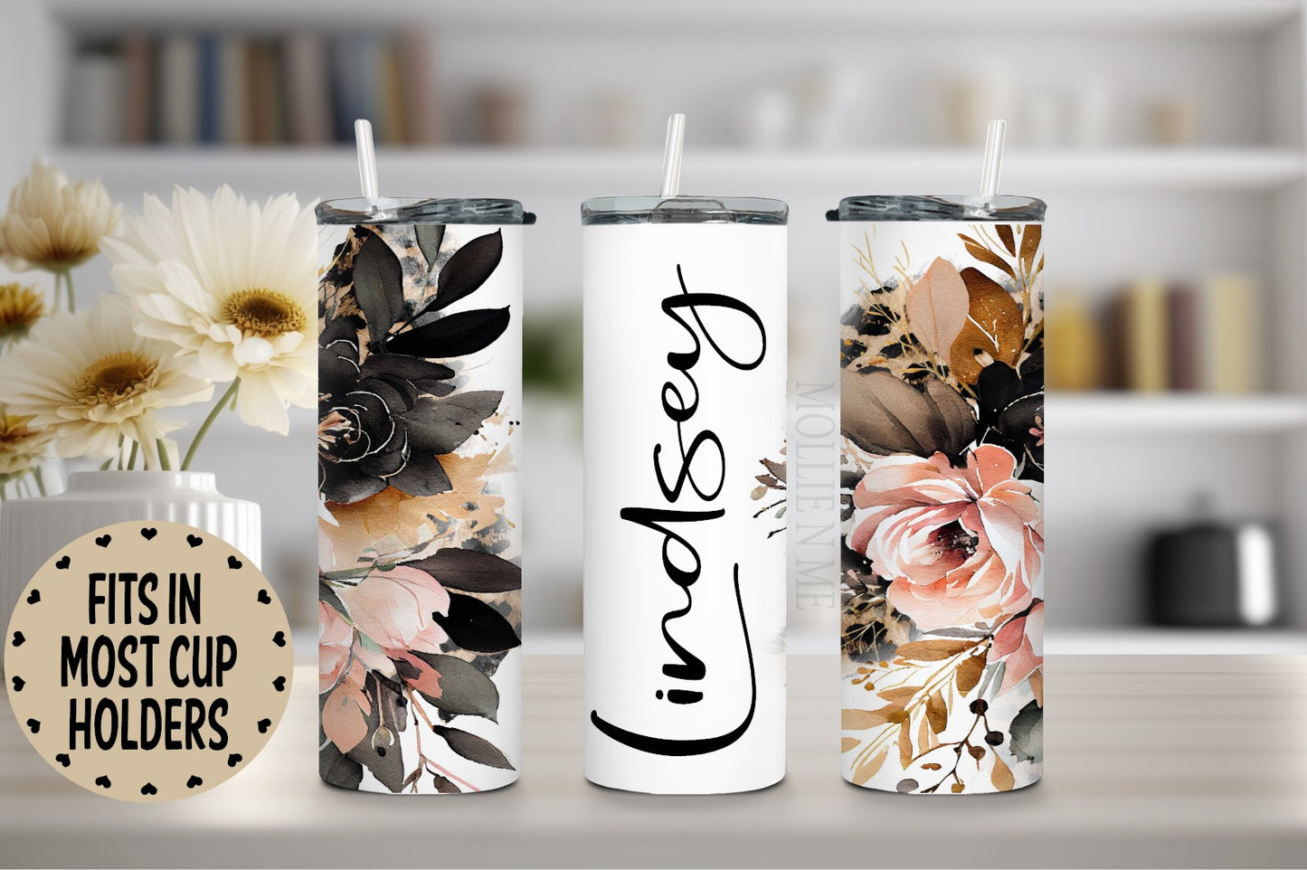 Personalized Floral Tumbler Peach and Black