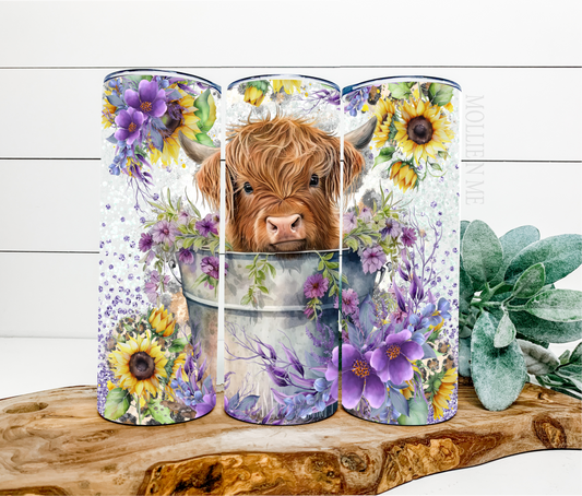 Highland Baby Cow Sunflower Purple Flower Tumbler