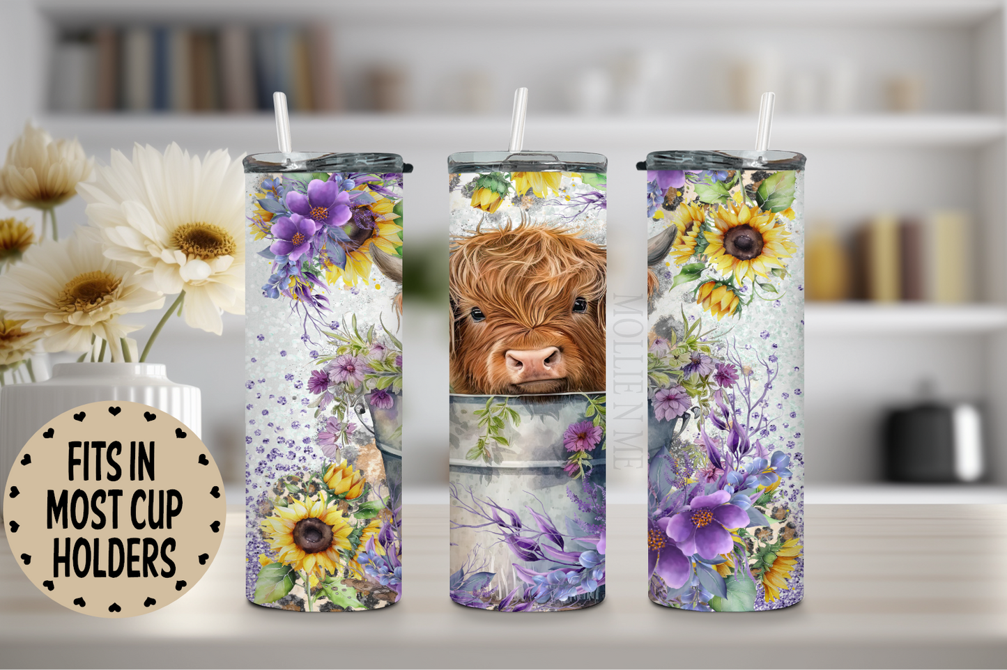 Highland Baby Cow Sunflower Purple Flower Tumbler